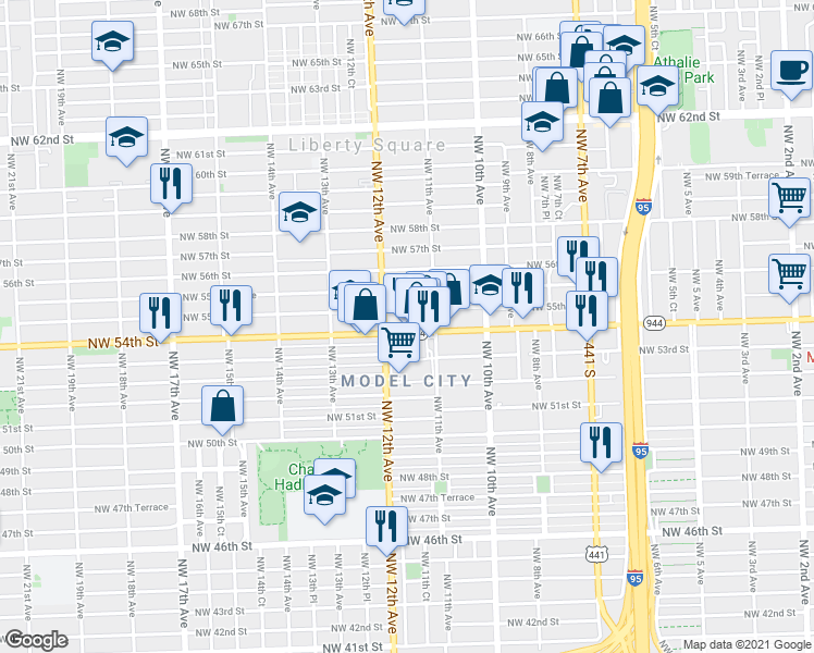 map of restaurants, bars, coffee shops, grocery stores, and more near 1160 Northwest 55th Street in Miami