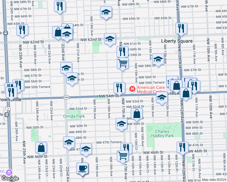 map of restaurants, bars, coffee shops, grocery stores, and more near 1775 Northwest 55th Street in Miami