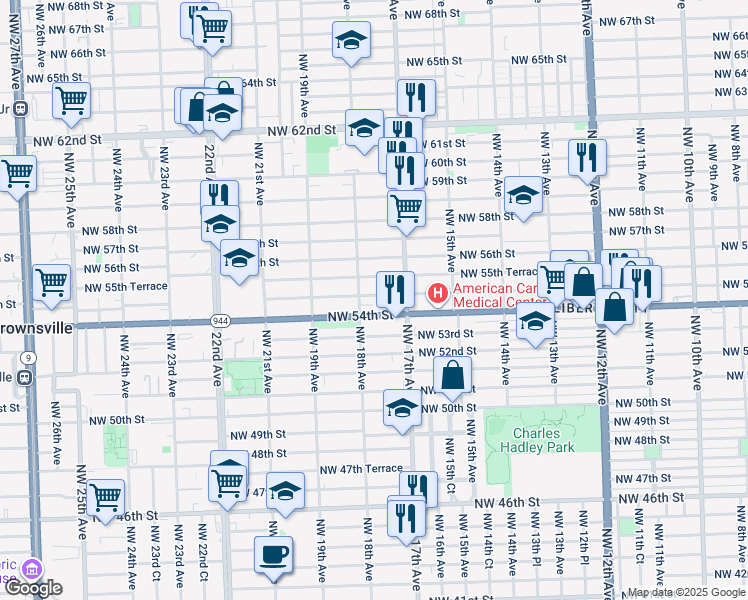 map of restaurants, bars, coffee shops, grocery stores, and more near 1775 Northwest 55th Street in Miami