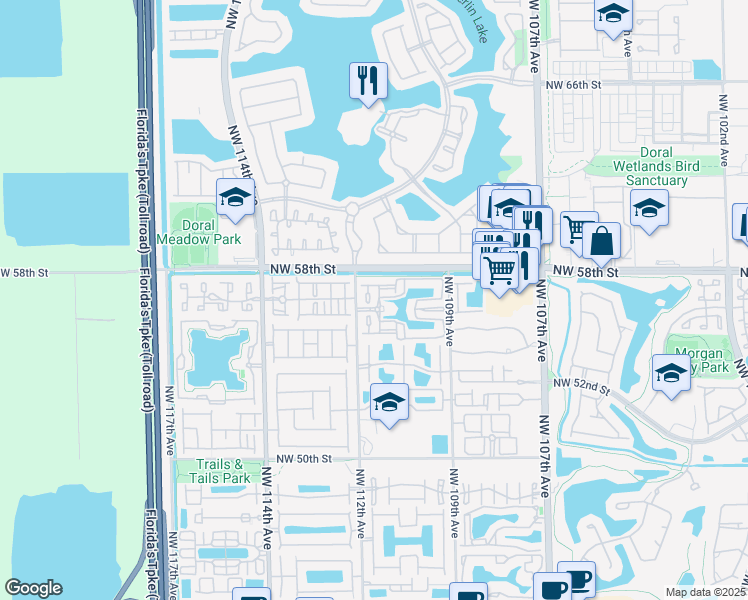 map of restaurants, bars, coffee shops, grocery stores, and more near 5551 Northwest 112th Avenue in Doral