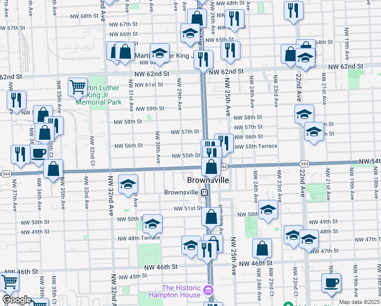 map of restaurants, bars, coffee shops, grocery stores, and more near 2850 Northwest 56th Street in Miami