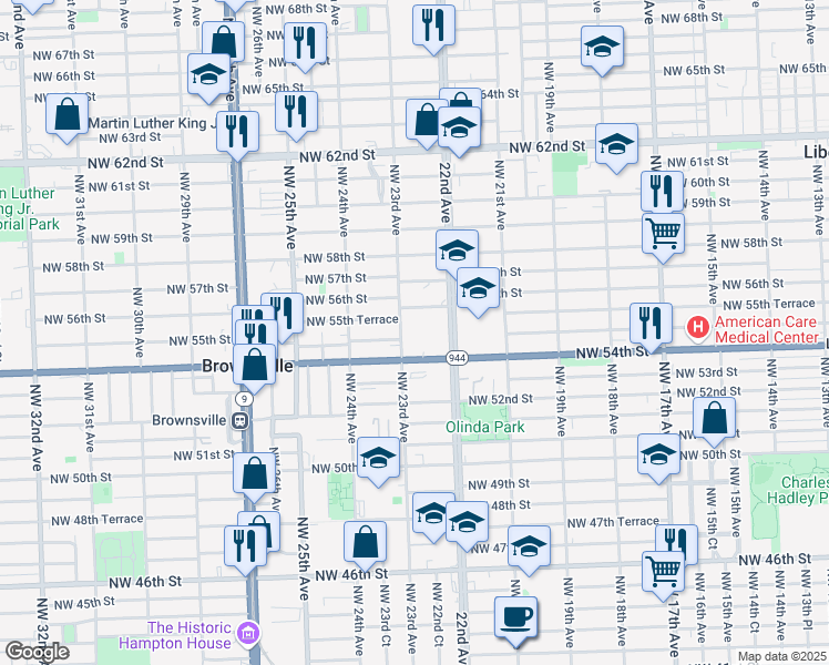 map of restaurants, bars, coffee shops, grocery stores, and more near 5420 Northwest 22nd Avenue in Miami