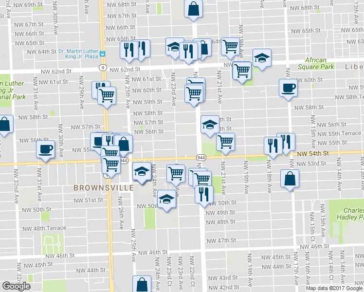 map of restaurants, bars, coffee shops, grocery stores, and more near 5420 Northwest 22nd Avenue in Miami