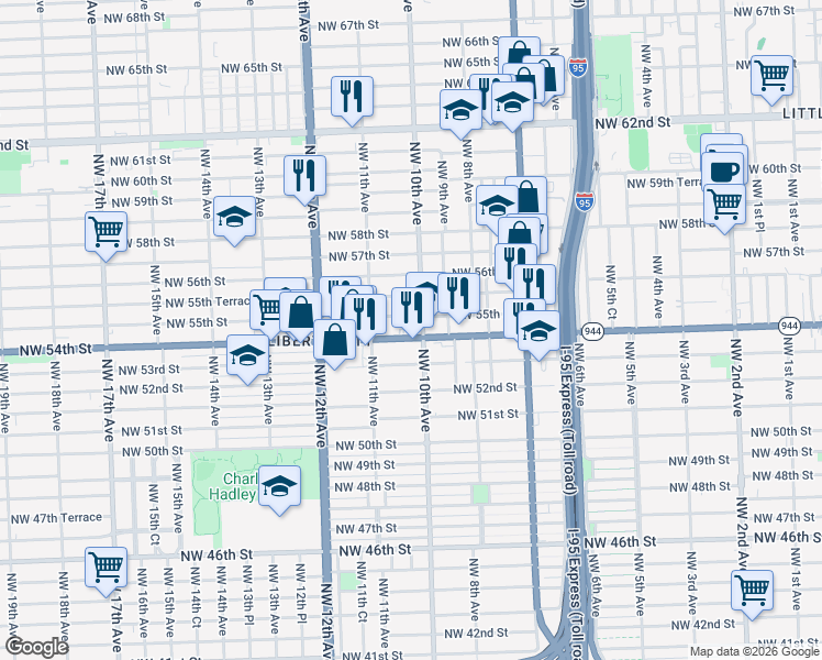 map of restaurants, bars, coffee shops, grocery stores, and more near 1001 Northwest 54th Street in Miami