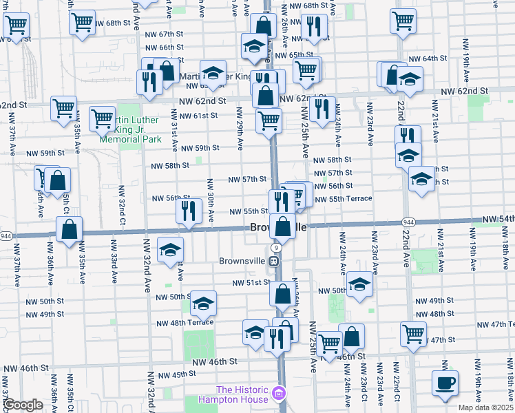 map of restaurants, bars, coffee shops, grocery stores, and more near 2850 Northwest 56th Street in Miami
