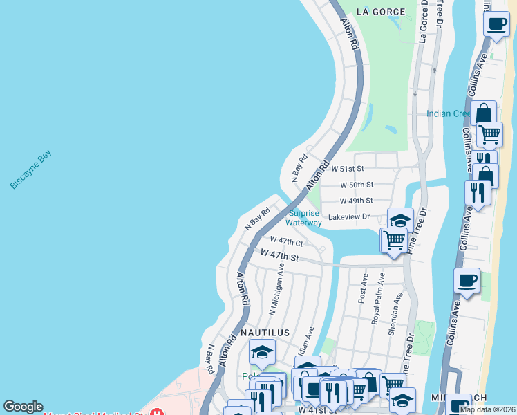 map of restaurants, bars, coffee shops, grocery stores, and more near 4800 North Bay Road in Miami Beach