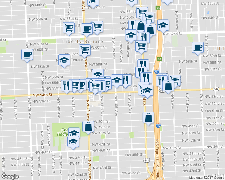 map of restaurants, bars, coffee shops, grocery stores, and more near 1020 Northwest 55th Street in Miami