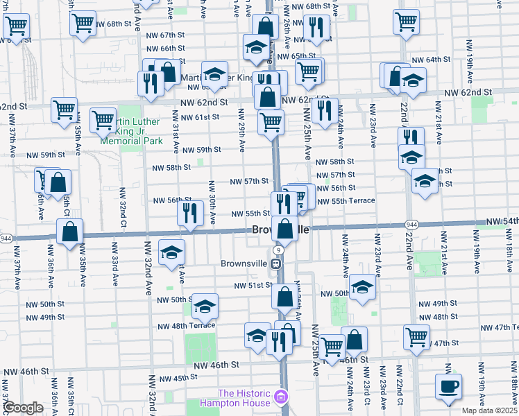 map of restaurants, bars, coffee shops, grocery stores, and more near 2850 Northwest 56th Street in Miami