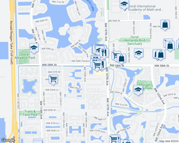 map of restaurants, bars, coffee shops, grocery stores, and more near 5755 Northwest 109th Avenue in Doral