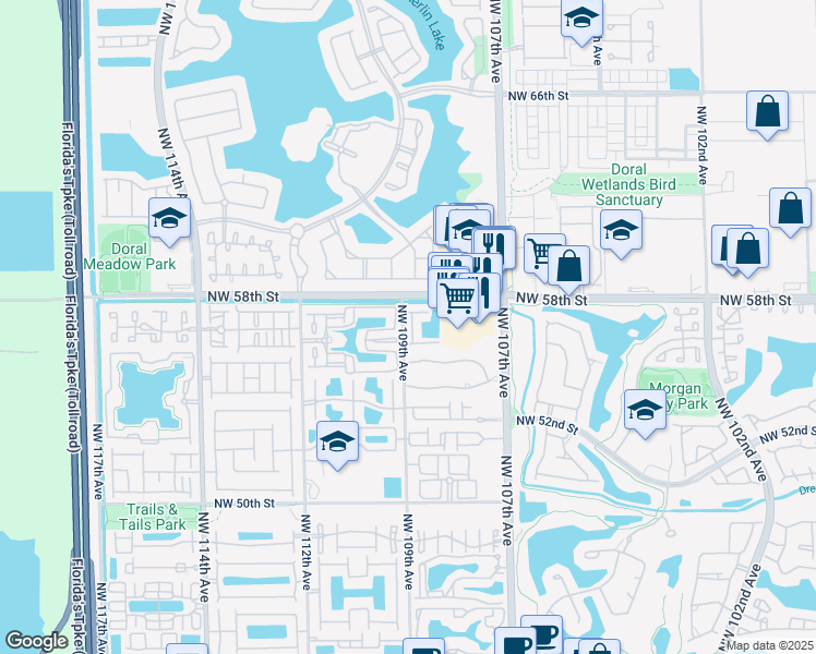 map of restaurants, bars, coffee shops, grocery stores, and more near 5755 Northwest 109th Avenue in Doral