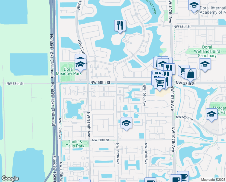 map of restaurants, bars, coffee shops, grocery stores, and more near 5753 Northwest 112th Place in Doral