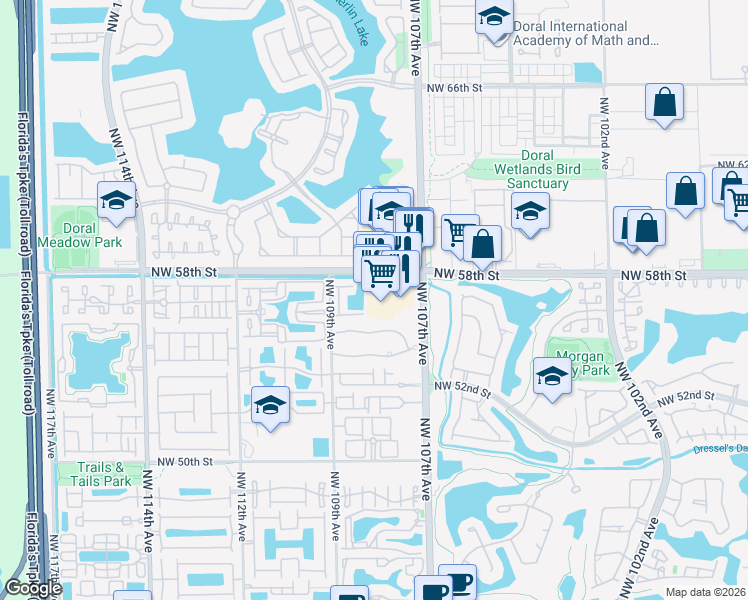 map of restaurants, bars, coffee shops, grocery stores, and more near 10832 Northwest 58th Street in Doral