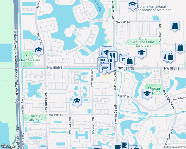 map of restaurants, bars, coffee shops, grocery stores, and more near 5755 Northwest 109th Avenue in Doral