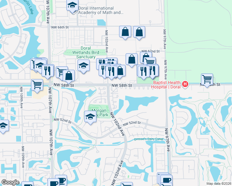map of restaurants, bars, coffee shops, grocery stores, and more near 10120 Northwest 57th Street in Doral