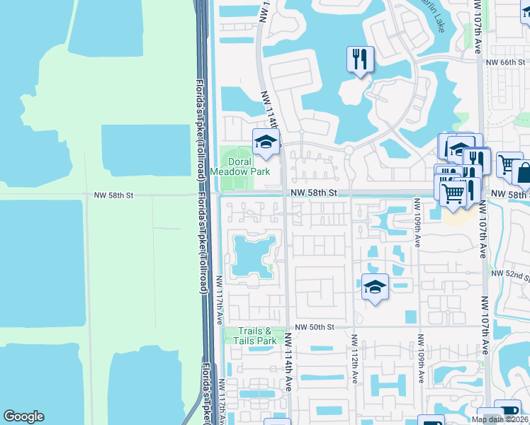 map of restaurants, bars, coffee shops, grocery stores, and more near 5731 Northwest 114th Path in Doral