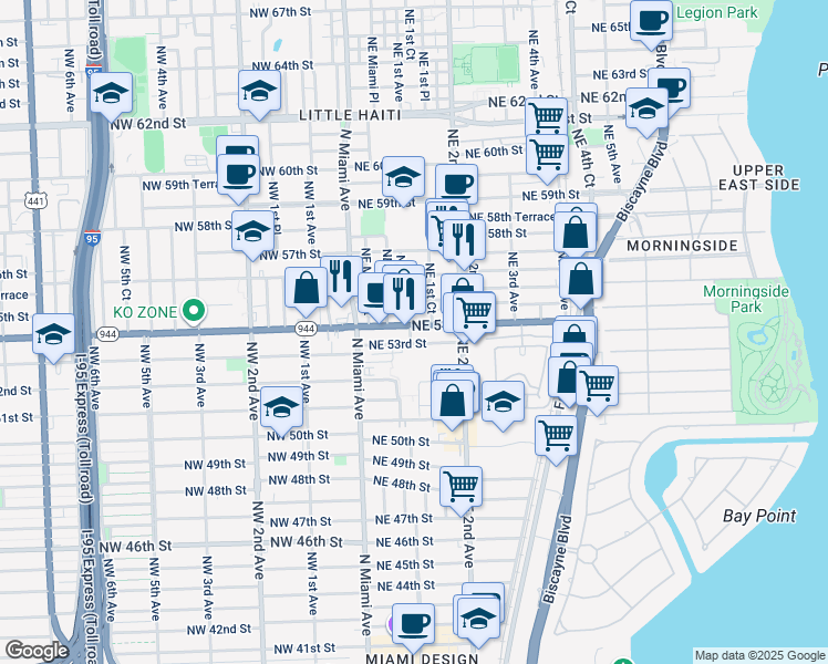 map of restaurants, bars, coffee shops, grocery stores, and more near 139 Northeast 54th Street in Miami