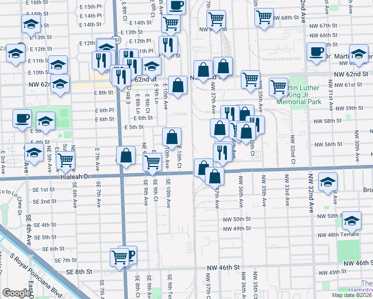 map of restaurants, bars, coffee shops, grocery stores, and more near 325 East 10th Court in Hialeah