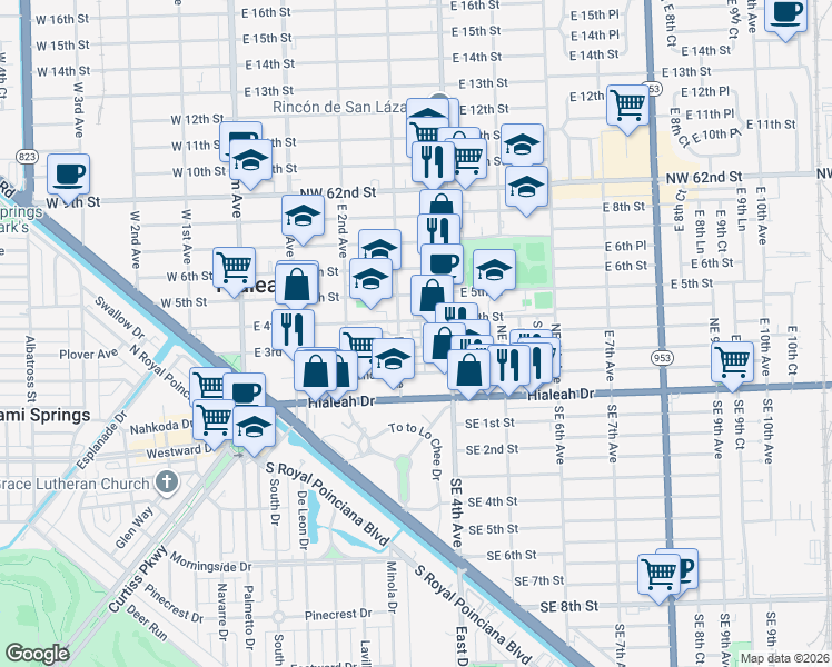 map of restaurants, bars, coffee shops, grocery stores, and more near 380 East 4th Avenue in Hialeah