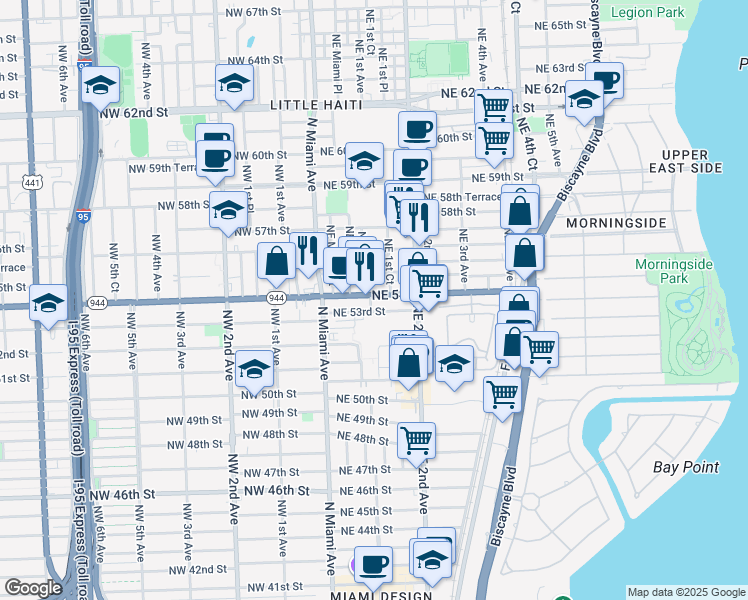 map of restaurants, bars, coffee shops, grocery stores, and more near 139 Northeast 54th Street in Miami