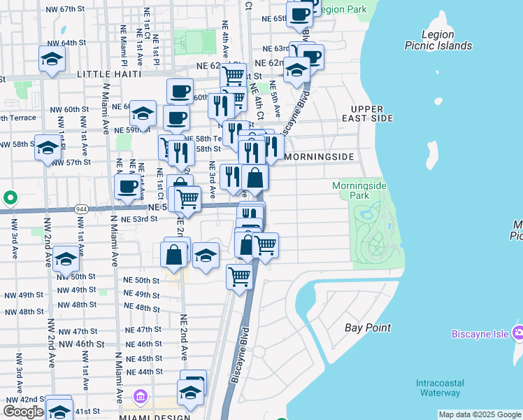 map of restaurants, bars, coffee shops, grocery stores, and more near in Miami