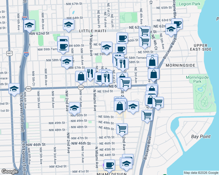map of restaurants, bars, coffee shops, grocery stores, and more near 139 Northeast 54th Street in Miami