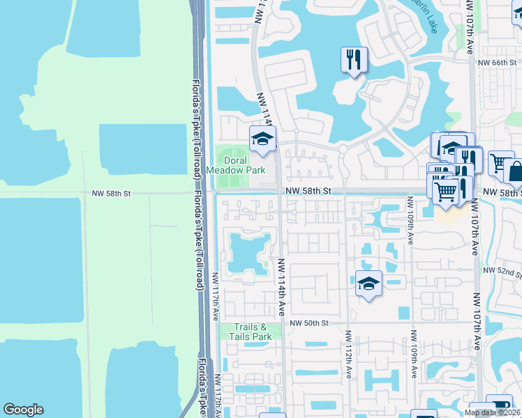 map of restaurants, bars, coffee shops, grocery stores, and more near 5725 Northwest 114th Path in Doral