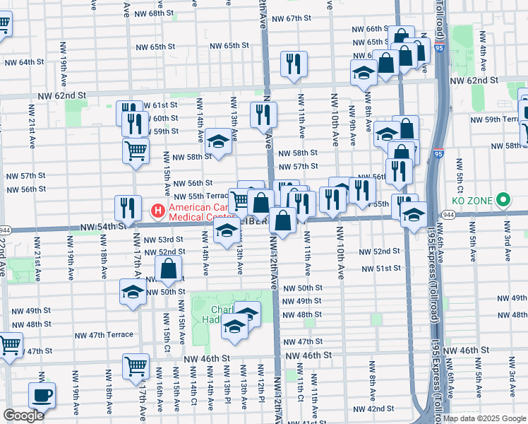 map of restaurants, bars, coffee shops, grocery stores, and more near 1235 Northwest 55th Street in Miami