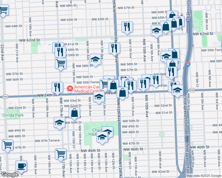 map of restaurants, bars, coffee shops, grocery stores, and more near 1235 Northwest 55th Street in Miami