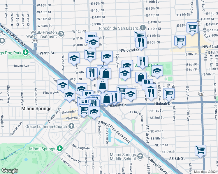 map of restaurants, bars, coffee shops, grocery stores, and more near 145 East 4th Street in Hialeah