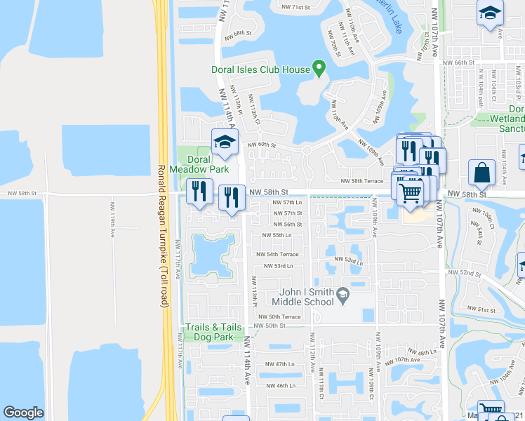 map of restaurants, bars, coffee shops, grocery stores, and more near 5758 Northwest 113th Avenue in Doral