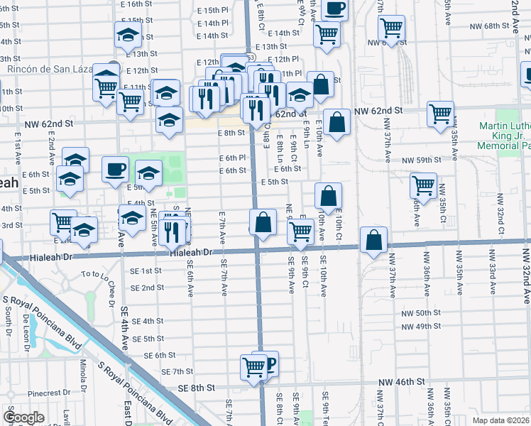 map of restaurants, bars, coffee shops, grocery stores, and more near 811 Northeast 3rd Place in Hialeah