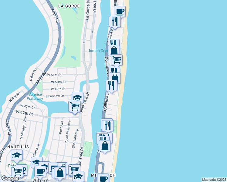 map of restaurants, bars, coffee shops, grocery stores, and more near 5001 Collins Avenue in Miami Beach