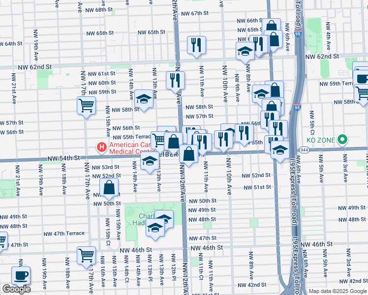map of restaurants, bars, coffee shops, grocery stores, and more near 1160 Northwest 55th Street in Miami