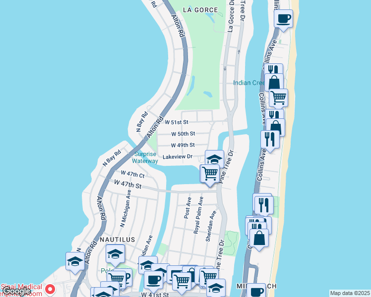 map of restaurants, bars, coffee shops, grocery stores, and more near 575 West 49th Street in Miami Beach