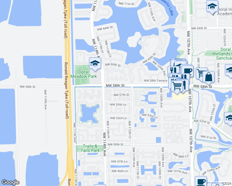 map of restaurants, bars, coffee shops, grocery stores, and more near 5727 Northwest 113th Avenue in Doral