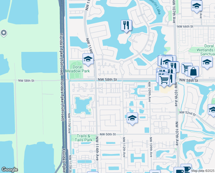 map of restaurants, bars, coffee shops, grocery stores, and more near 5727 Northwest 113th Avenue in Doral