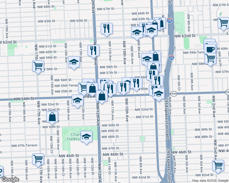 map of restaurants, bars, coffee shops, grocery stores, and more near 1086 Northwest 55th Street in Miami