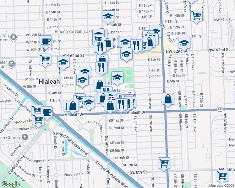 map of restaurants, bars, coffee shops, grocery stores, and more near 96 Essex Avenue in Hialeah