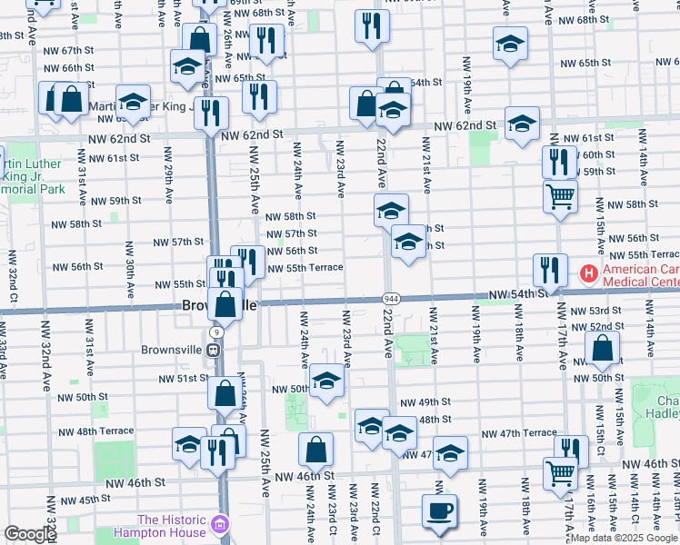 map of restaurants, bars, coffee shops, grocery stores, and more near 5528 Northwest 23rd Avenue in Miami