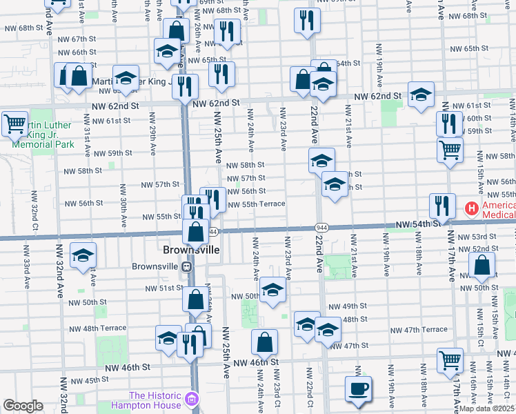 map of restaurants, bars, coffee shops, grocery stores, and more near 5531 Northwest 24th Avenue in Miami