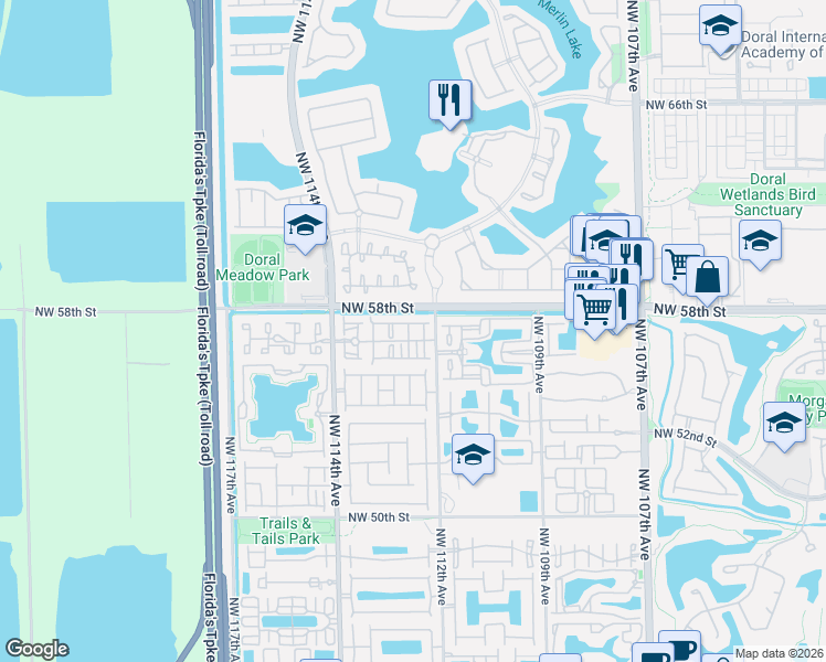 map of restaurants, bars, coffee shops, grocery stores, and more near 5753 Northwest 112th Place in Doral