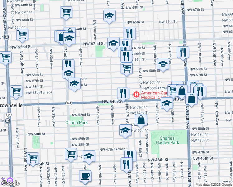 map of restaurants, bars, coffee shops, grocery stores, and more near 1775 Northwest 55th Street in Miami
