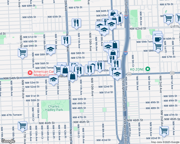 map of restaurants, bars, coffee shops, grocery stores, and more near 1020 Northwest 55th Street in Miami