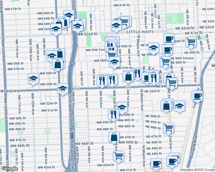 map of restaurants, bars, coffee shops, grocery stores, and more near in Miami
