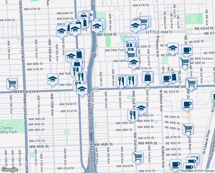 map of restaurants, bars, coffee shops, grocery stores, and more near 445 Northwest 54th Street in Miami