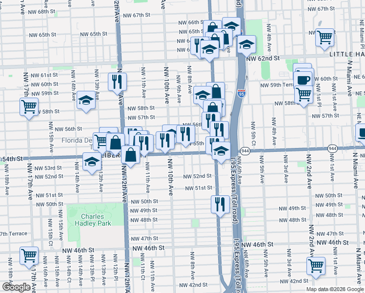 map of restaurants, bars, coffee shops, grocery stores, and more near 5455 Northwest 9th Avenue in Miami