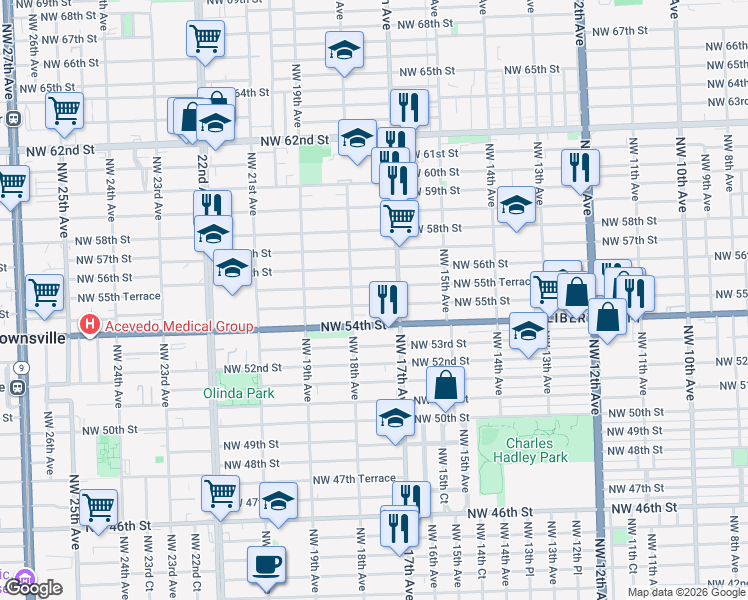 map of restaurants, bars, coffee shops, grocery stores, and more near 1775 Northwest 55th Street in Miami