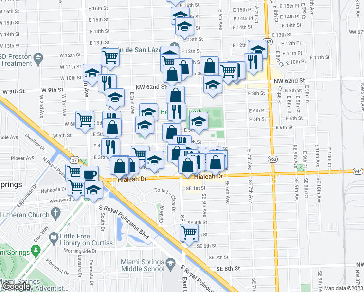 map of restaurants, bars, coffee shops, grocery stores, and more near 391 East 4th Avenue in Hialeah