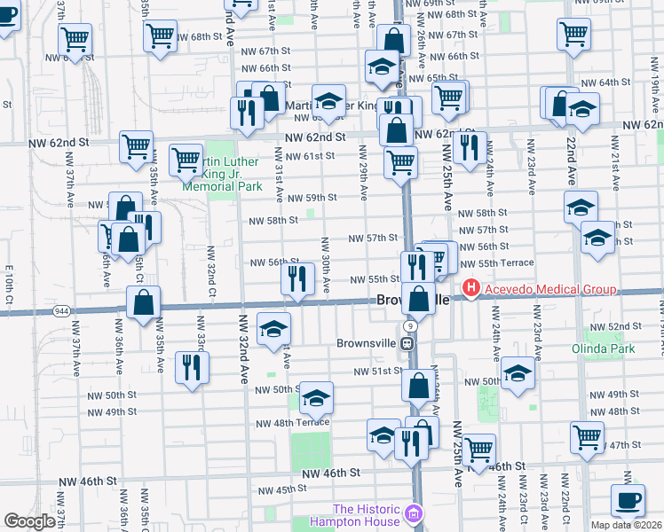 map of restaurants, bars, coffee shops, grocery stores, and more near 2960 Northwest 56th Street in Miami