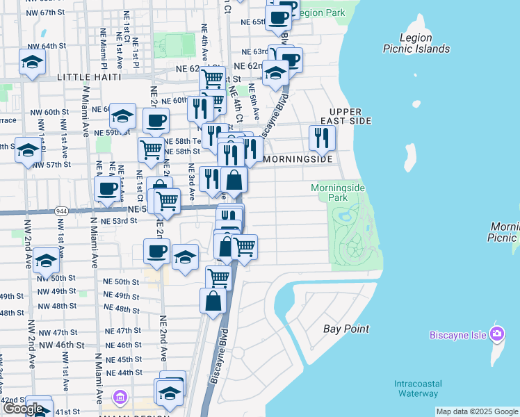 map of restaurants, bars, coffee shops, grocery stores, and more near 441 Northeast 53rd Street in Miami